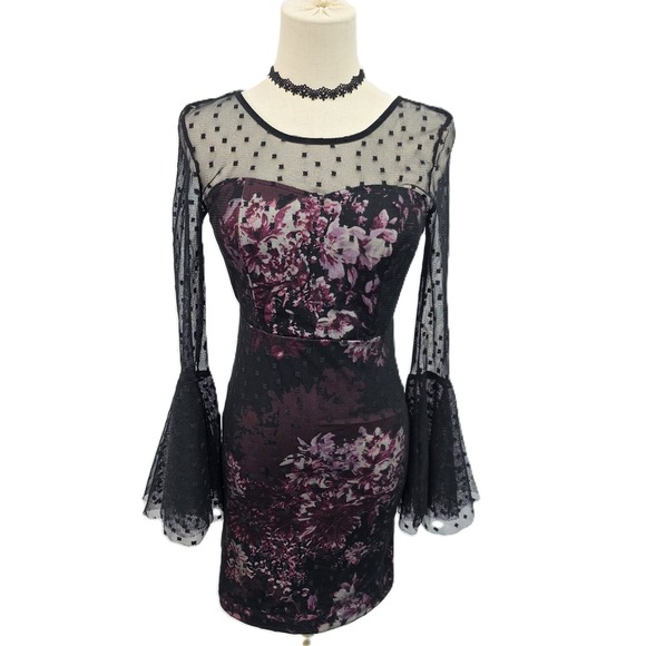 VENUS Dresses & Skirts - Venus Womens 4 Black Mesh Floral Bodycon Dress Sheer Bell Sleeve Whimsigoth